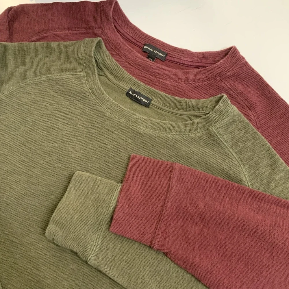 Banana Republic Sz XXL Olive Green Maroon Thermal Long Sleeve Waffle Knit Shirts